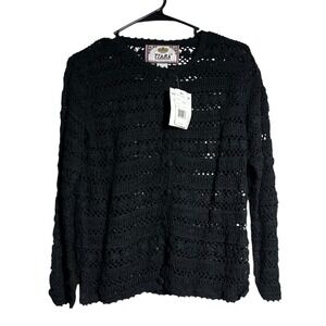 NWT Tiara International Black Crochet Knit Button Front Cardigan Sweater S